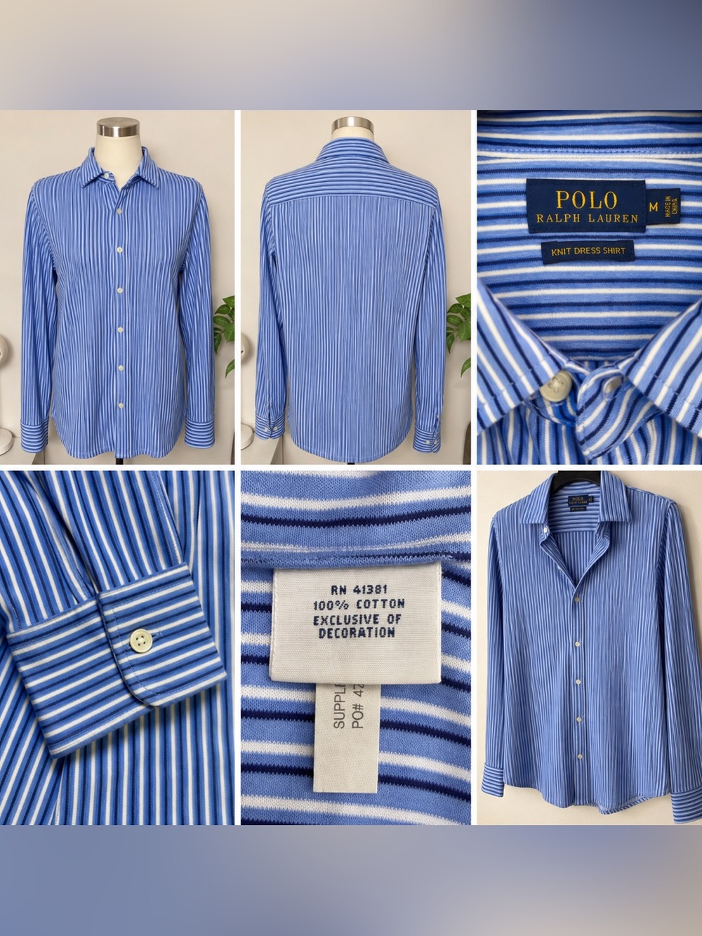 Polo by Ralph Lauren Blue and White Vertical Stripe Dress Shirt Knit fabric